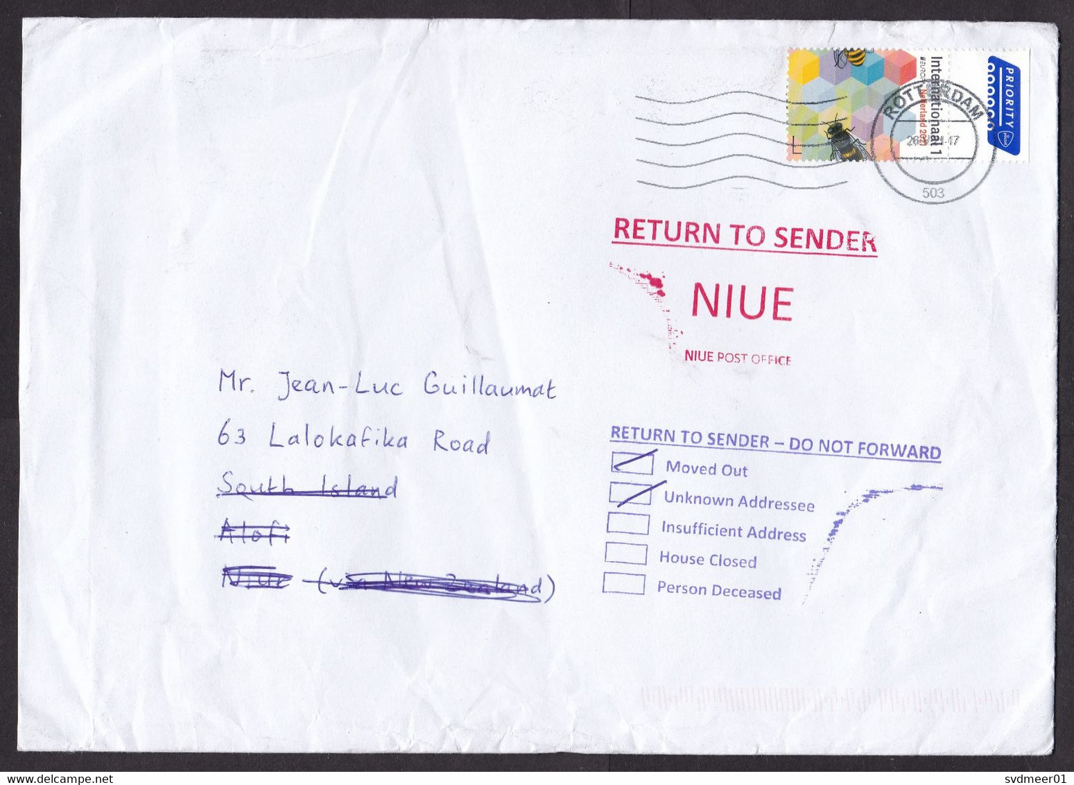 Netherlands: Cover To Niue, 2021, 1 Stamp + Tab, Europa, Bee, Returned, Retour Cancel, Moved Out (damaged: Creases) - Covers & Documents