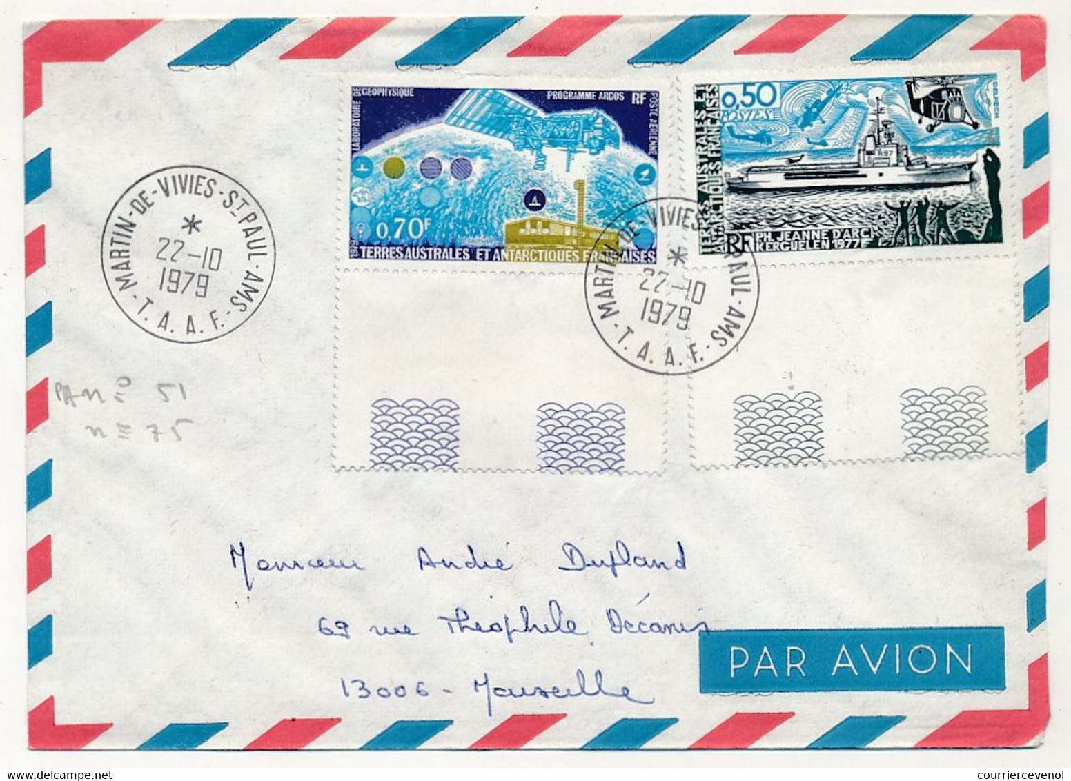 TAAF - Env. Affr 0,50 PH Jeanne D'Arc + 0,70 Programme Argos - Martin De Vivies St Paul Ams - 22/10/1978 - Storia Postale