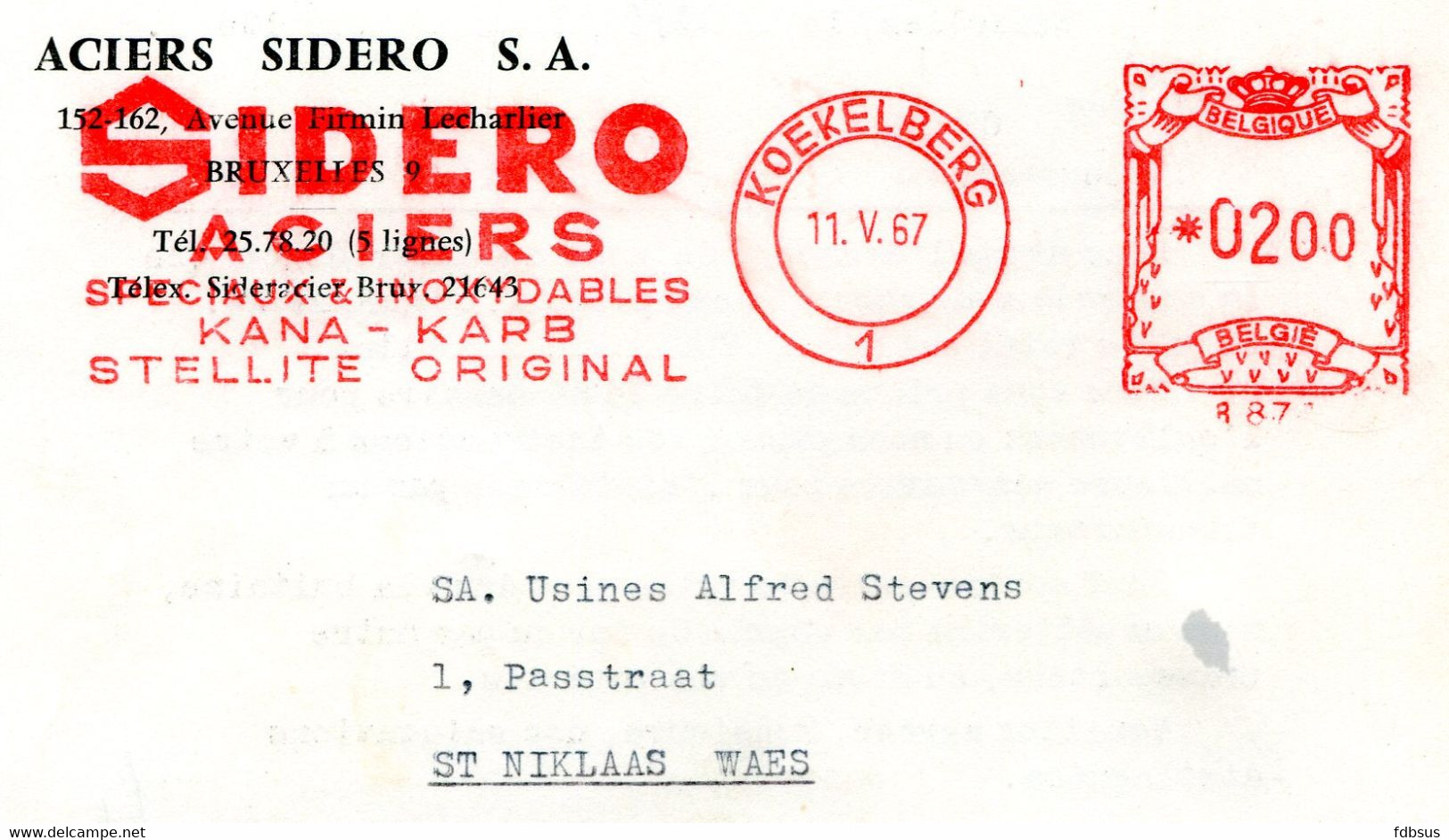 1967 Kaart ACIERS SIDERO Kana Karb Stellite - Mooie Rode Frankering KOEKELBERG 1 - * 0200 887 - 1960-79