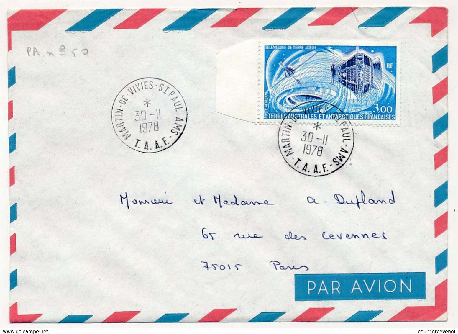 TAAF - Env. Affr 3,00 Télémesure De Terre Adélie - Martin De Vivies St Paul Ams - 30/11/1978 - Briefe U. Dokumente