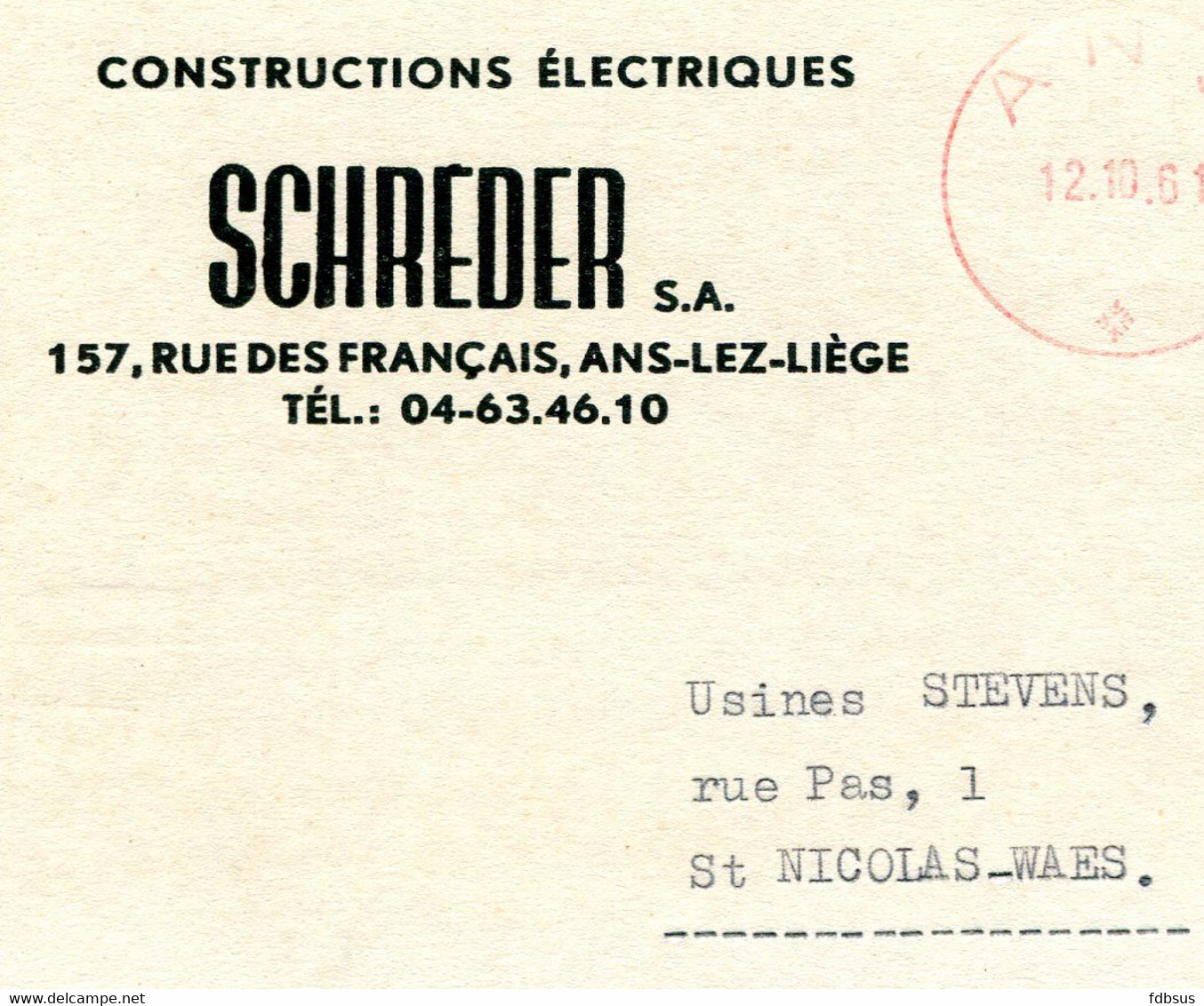 1961 Kaart SCHREDER Constructions Electriques - ANS Les Liège - - 1960-79