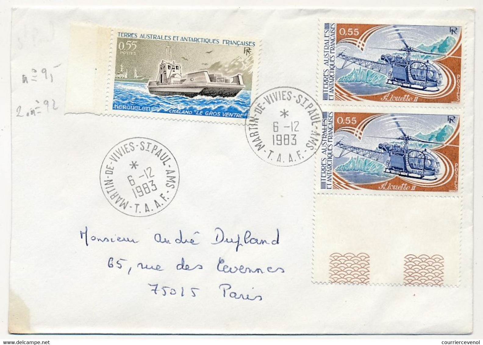 TAAF - Env. Affr 0,55 Chaland "le Gros Ventre" + 2X 0,55 Alouette II - Martin De Vivies St Paul Ams - 06/12/1983 - Lettres & Documents