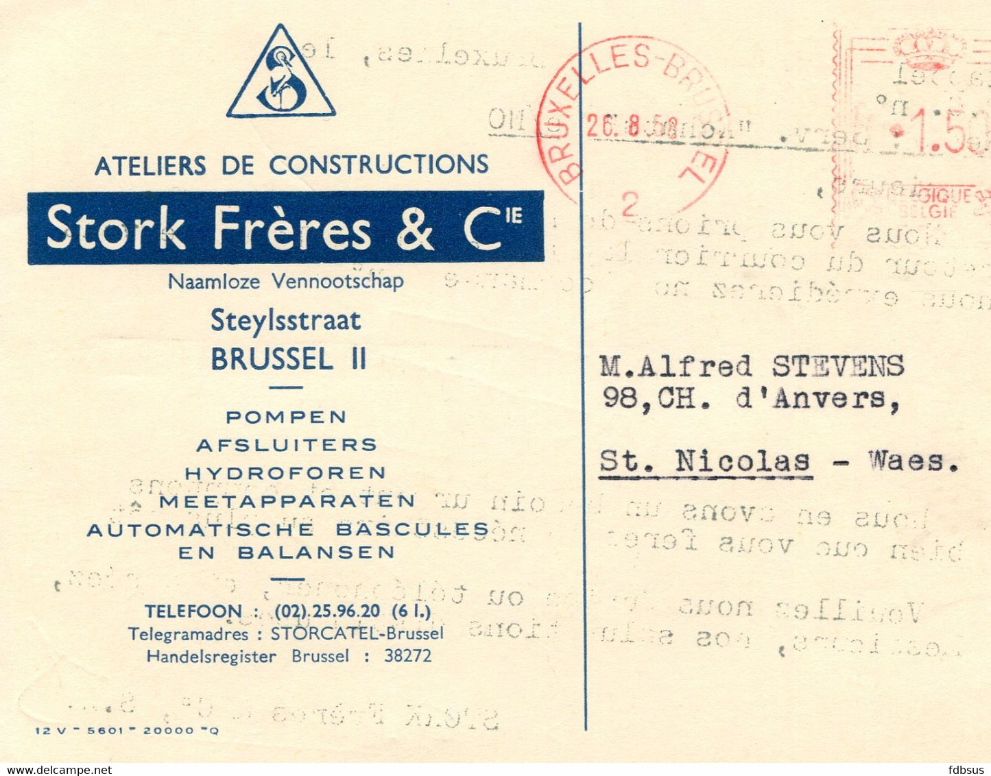 1958 Kaart STORK Frères & Co Brussel II - Pompen Afsluiters  Etc..   Op Kaart Naar St Nicolas - - ...-1959