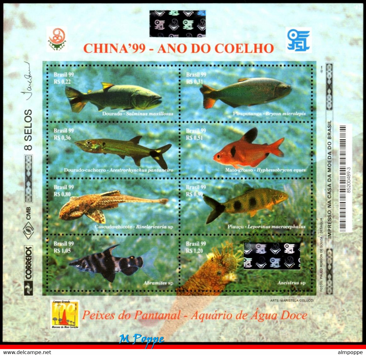 Ref. BR-2722 BRAZIL 1999 FISH, CHINESE NEW YEAR, YEAR OF, THE RABBIT, MI# 2955-62, MINI SHEET MNH 8V Sc# 2722 - Blocs-feuillets