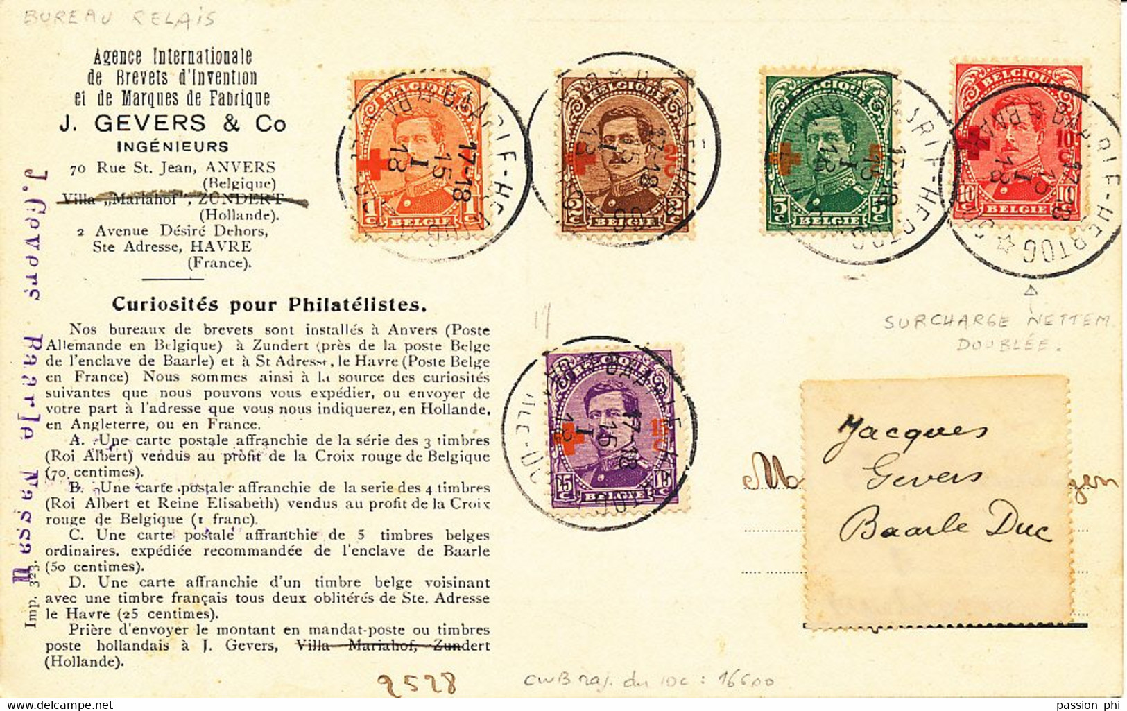 BELGIUM 1918 ISSUE RED CROSS WW1 SOUVENIR BAARLE-DUC HERTOG  WITH DOUBLE OVERPRINTS ON THE 10C - 1918 Croce Rossa