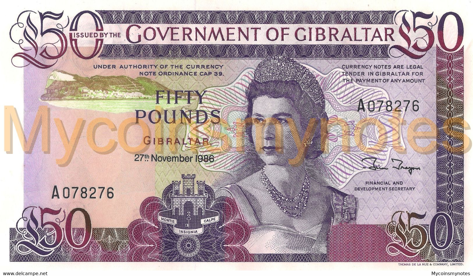 GIBRALTAR, £50 POUNDS, 1986, P24, Prefix A, Queen Elizabeth II, UNC - Gibraltar