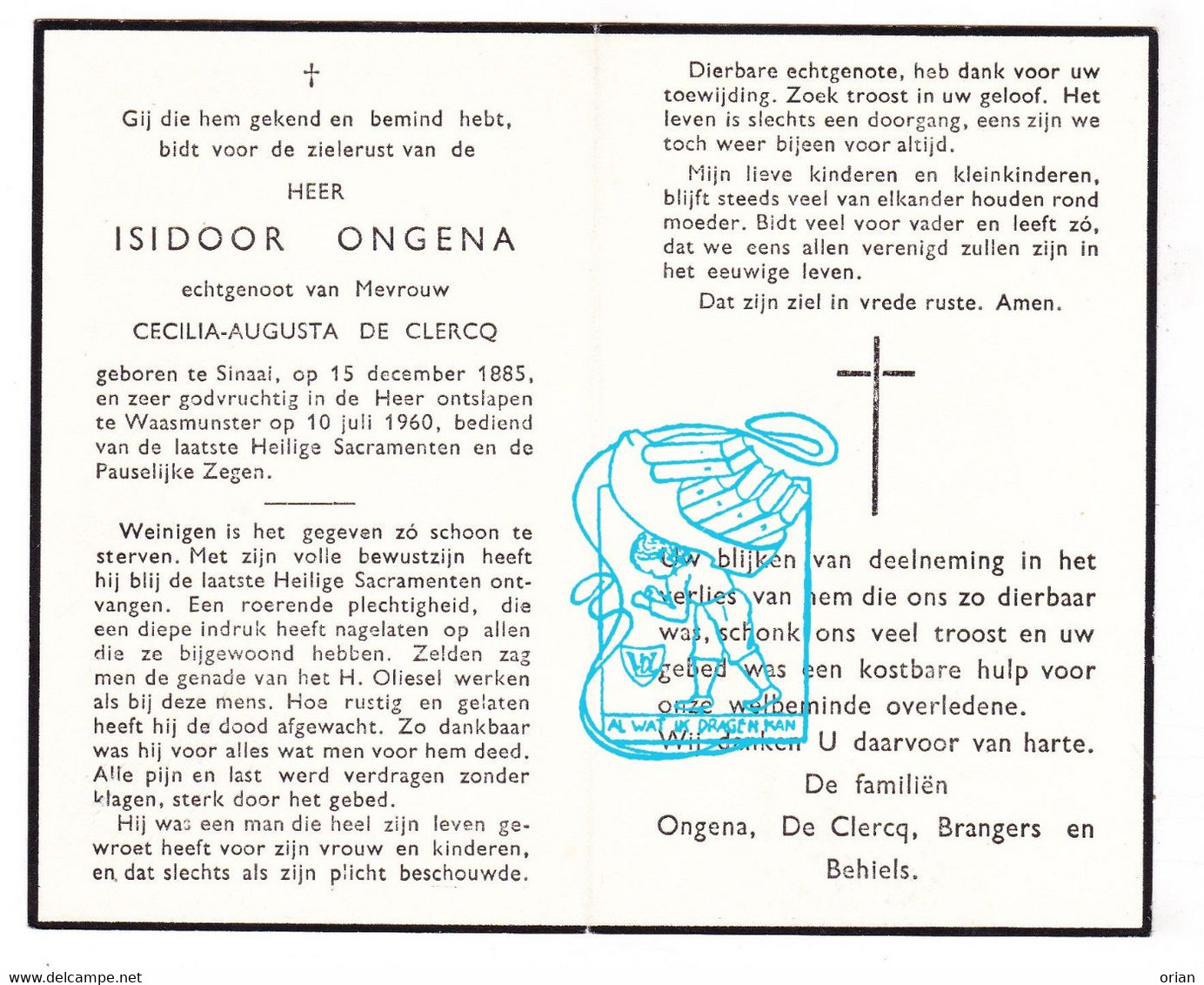 DP Isidoor Ongena Ongenae ° Sinaai Sint-Niklaas 1885 † Waasmunster 1960 X Cecilia De Clercq // Brangers Behiels - Images Religieuses