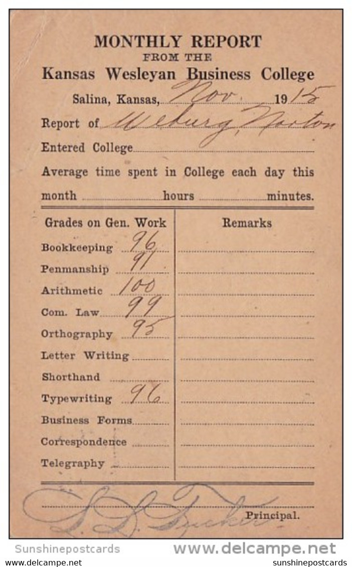 Monthly Report From Kansas Wesleyan Business College Salina Kansas 1915 - Salina