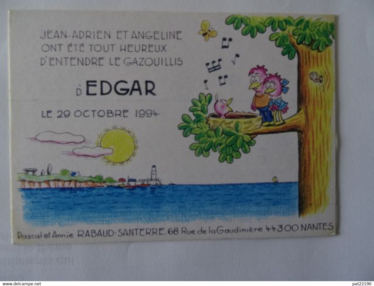 Une Carte De Naissance Collée Sur Une Carte Postale écrite En 1994 Annonçant La Naissance D'Edgar Rabaud Santerre Nantes - Contemporary (from 1950)