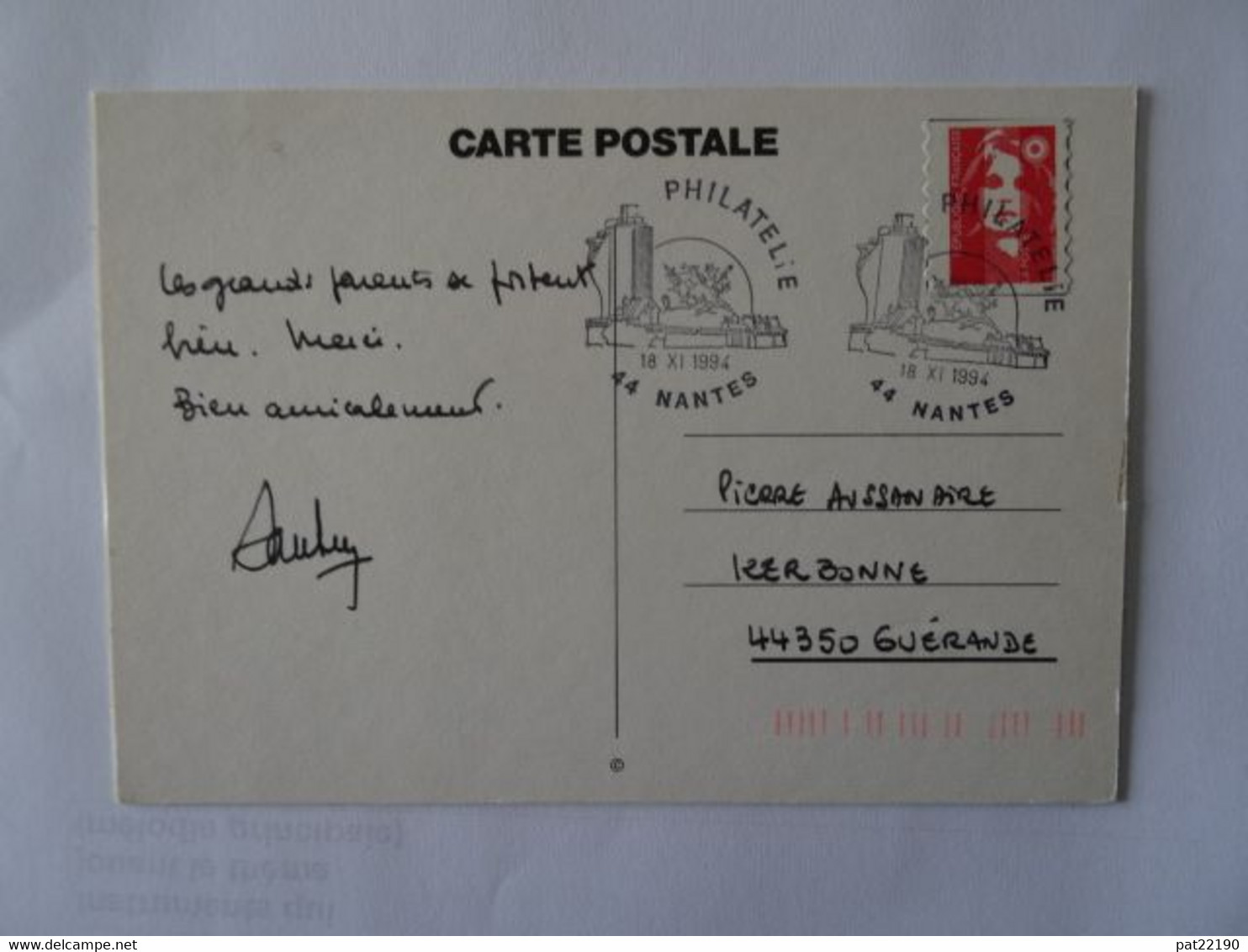 Une Carte De Naissance Collée Sur Une Carte Postale écrite En 1994 Annonçant La Naissance D'Edgar Rabaud Santerre Nantes - Contemporary (from 1950)