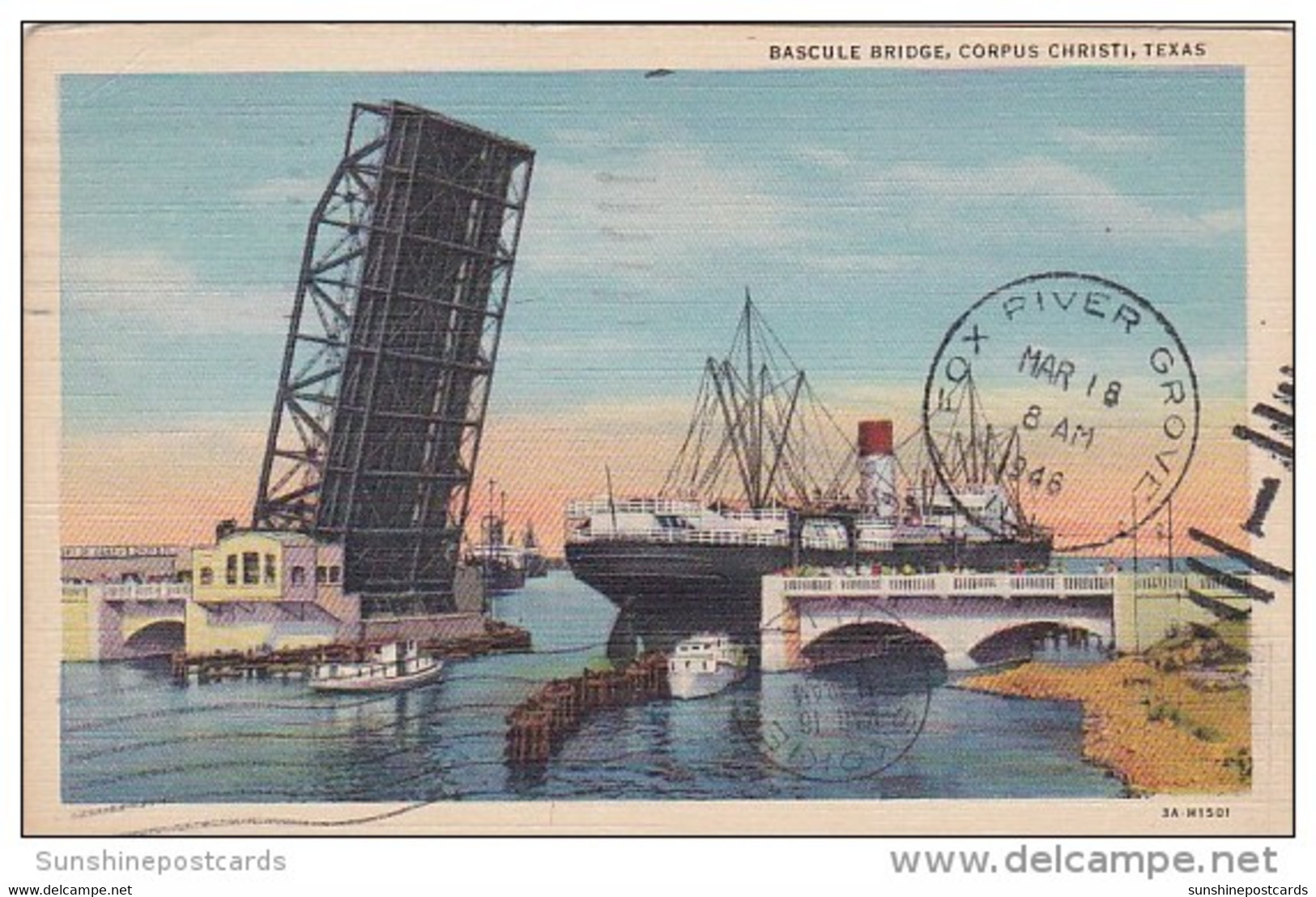 Texas Corpus Christi Freighter At Bascule Bridge 1946 Curteich - Corpus Christi