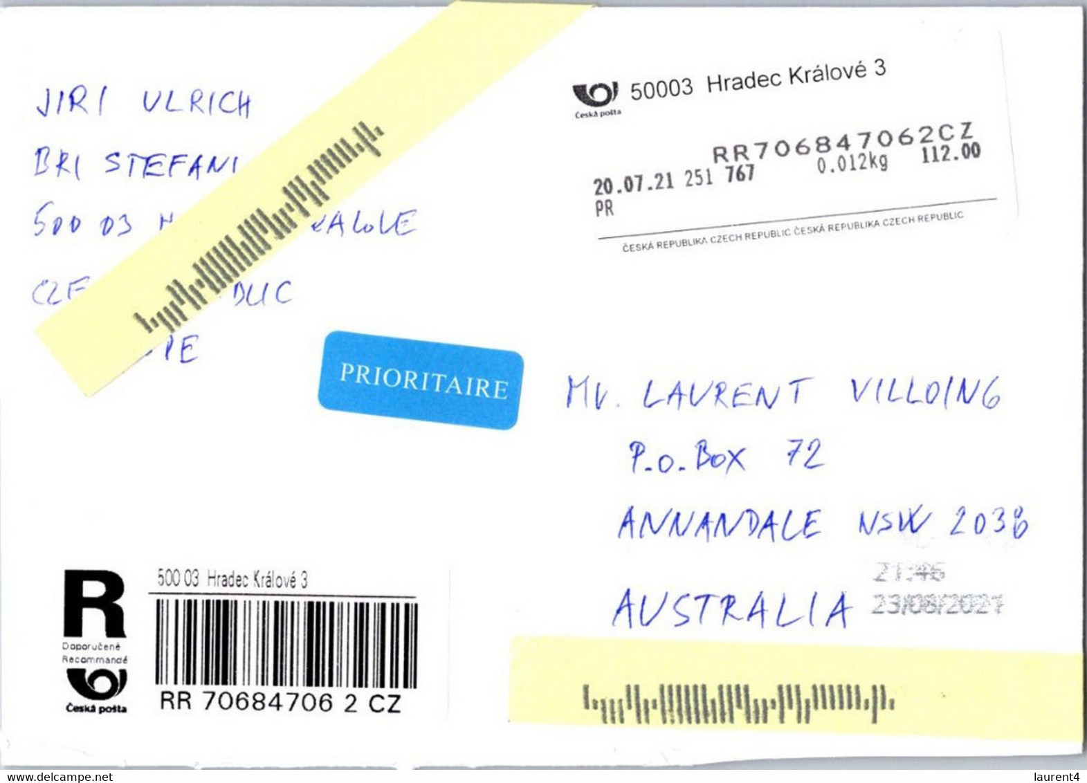 (1 A 31) Czech Republic Registeed Cover (no Stamp) Posted To Australia During COVID-19 Pandemic - Briefe U. Dokumente