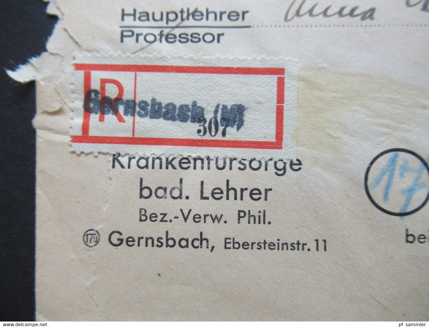 Franz. Zone Baden Nr.12 EF Einschreiben Gestempelter R-Zettel L1 Gernsbach Krankenfürsorge Bad. Lehrer Nach Ziegelhausen - Baden