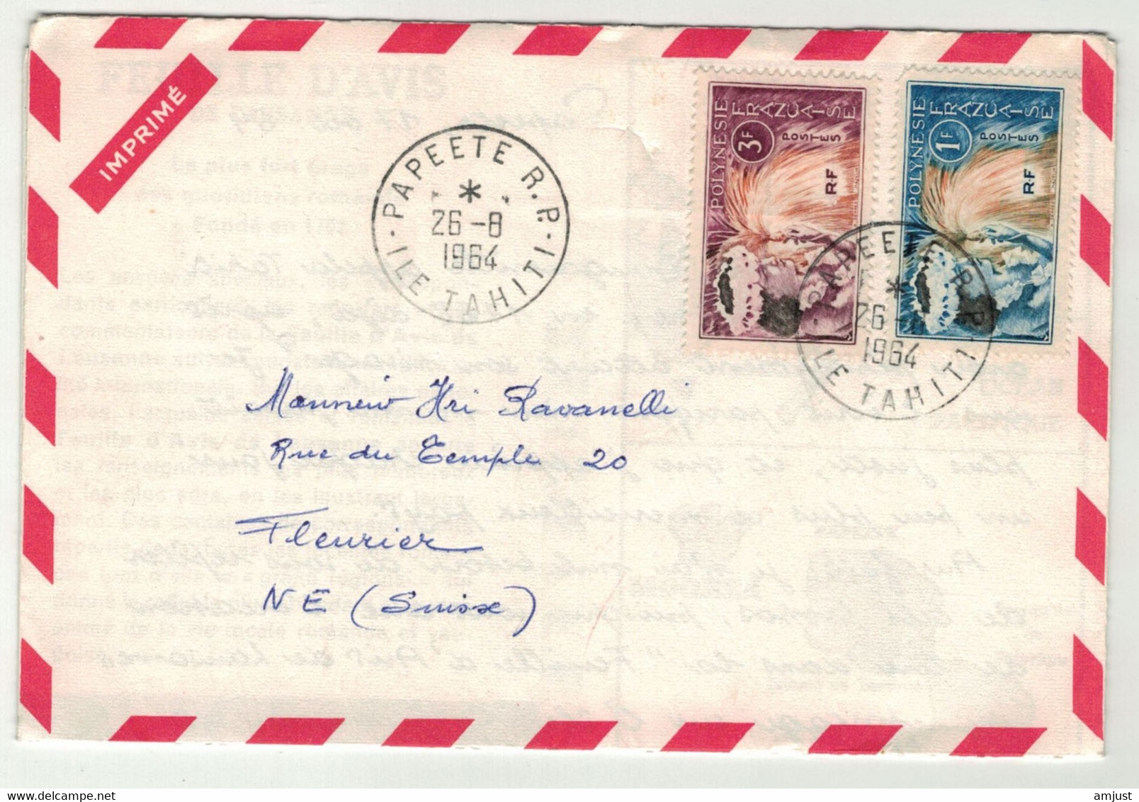 Polynésie Française // Lettre De Papeete Pour La Suisse (Fleurier) Le 26.08.1964 - Lettres & Documents