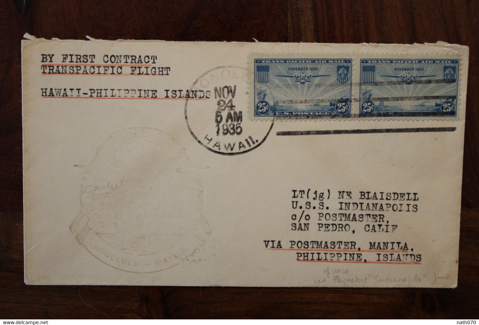 1935 USA HAWAII Guam Philippines USS INDIANAPOLIS 1st Contract Transpacific Flight Air Mail Par Avion Lufpost Navy Cover - Briefe U. Dokumente