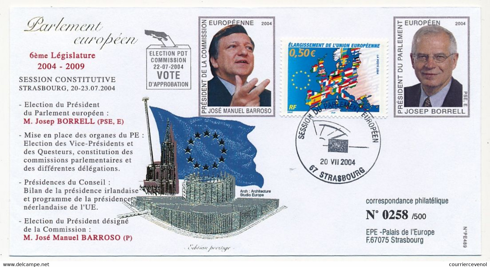 FRANCE - Env. Affr 050E Elargissement Obl Session Parlement Eur. Strasbourg, Illust BARROSO Et Josep BORRELL 20/7/2004 - Storia Postale