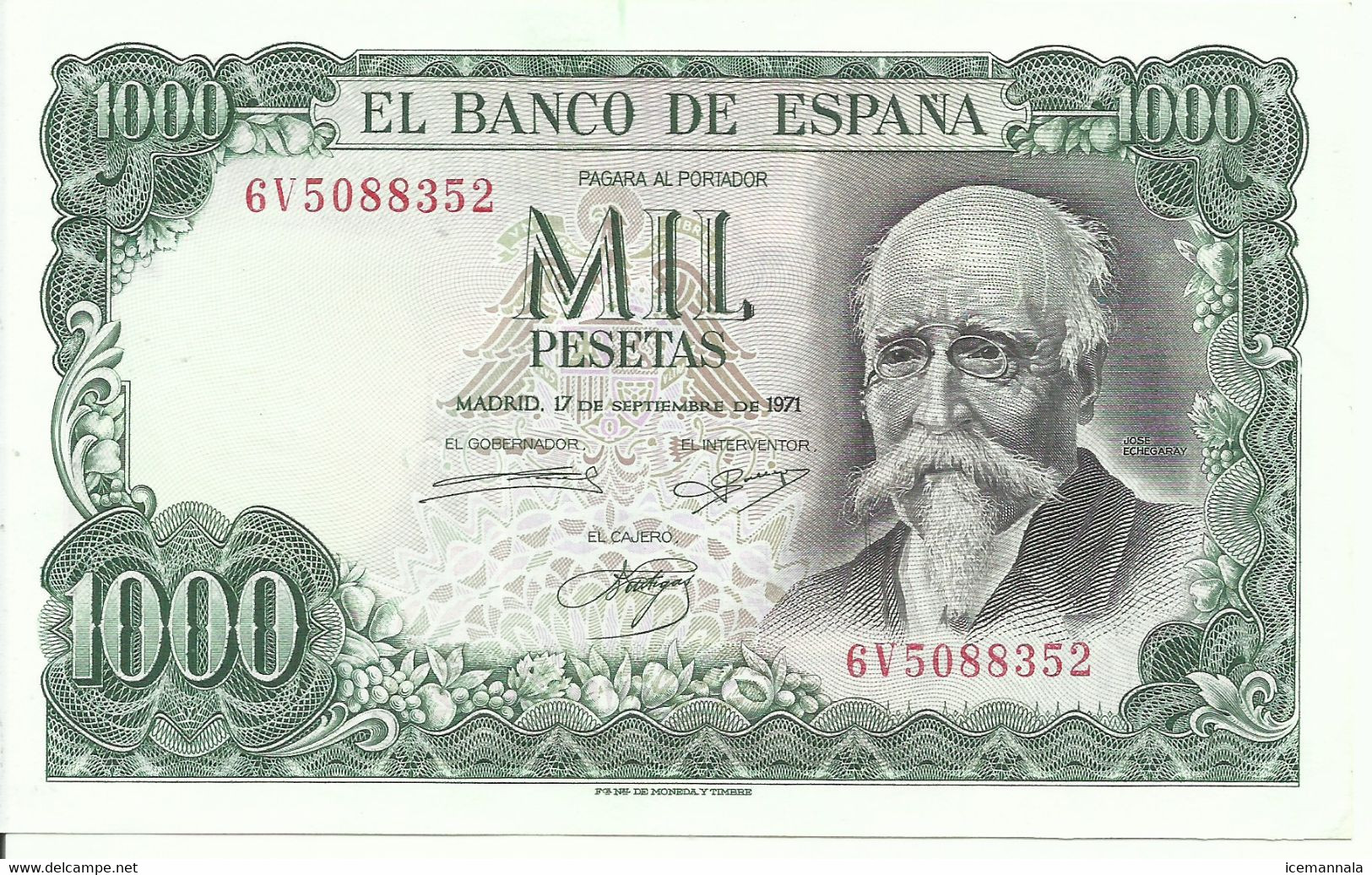 ESPAÑA, BILLETE  DE   1000  PESETAS, EMISION  17/9/1971,  SC - 1000 Pesetas