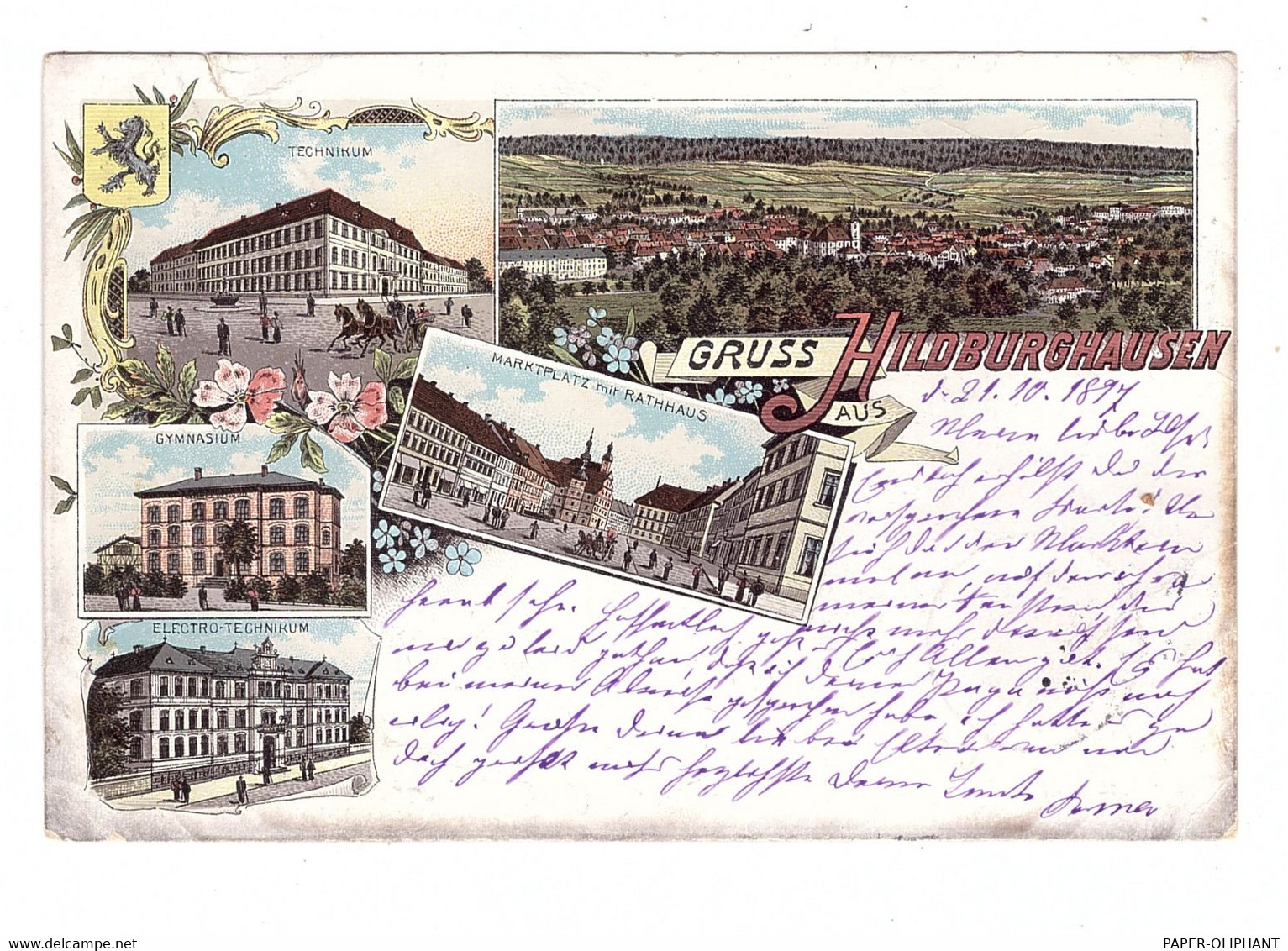 0-6110 HILDBURGHAUSEN, Lithographie 1897, Technikum, Gymnasium, Marktplatz..., Kl. Einriss - Hildburghausen