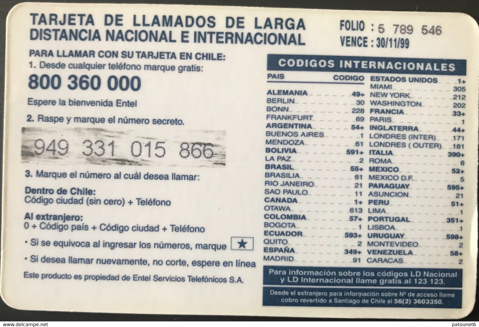 CHILI  -  Prepaid  -  ENTEL - Ticket  -  $ 500 - Chile