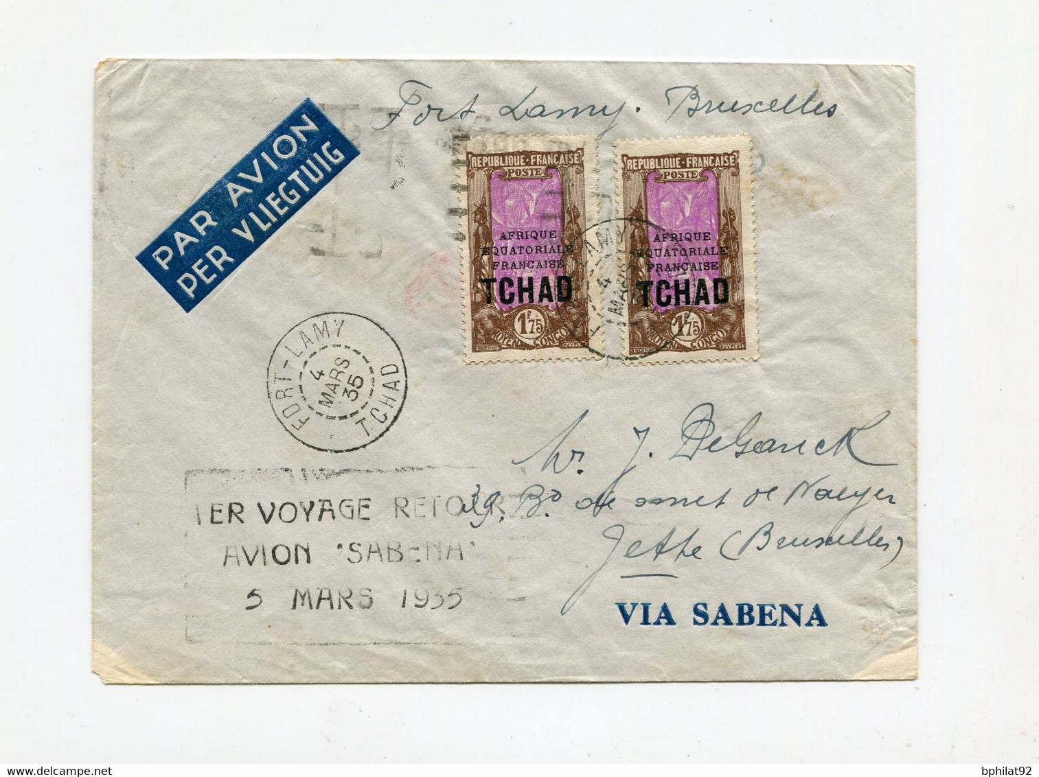 !!! TCHAD, LETTRE PAR AVION DE FORT LAMY POUR BRUXELLES, CACHET "1ER VOYAGE RETOUR AVION SABENA 5/3/1935" - Covers & Documents