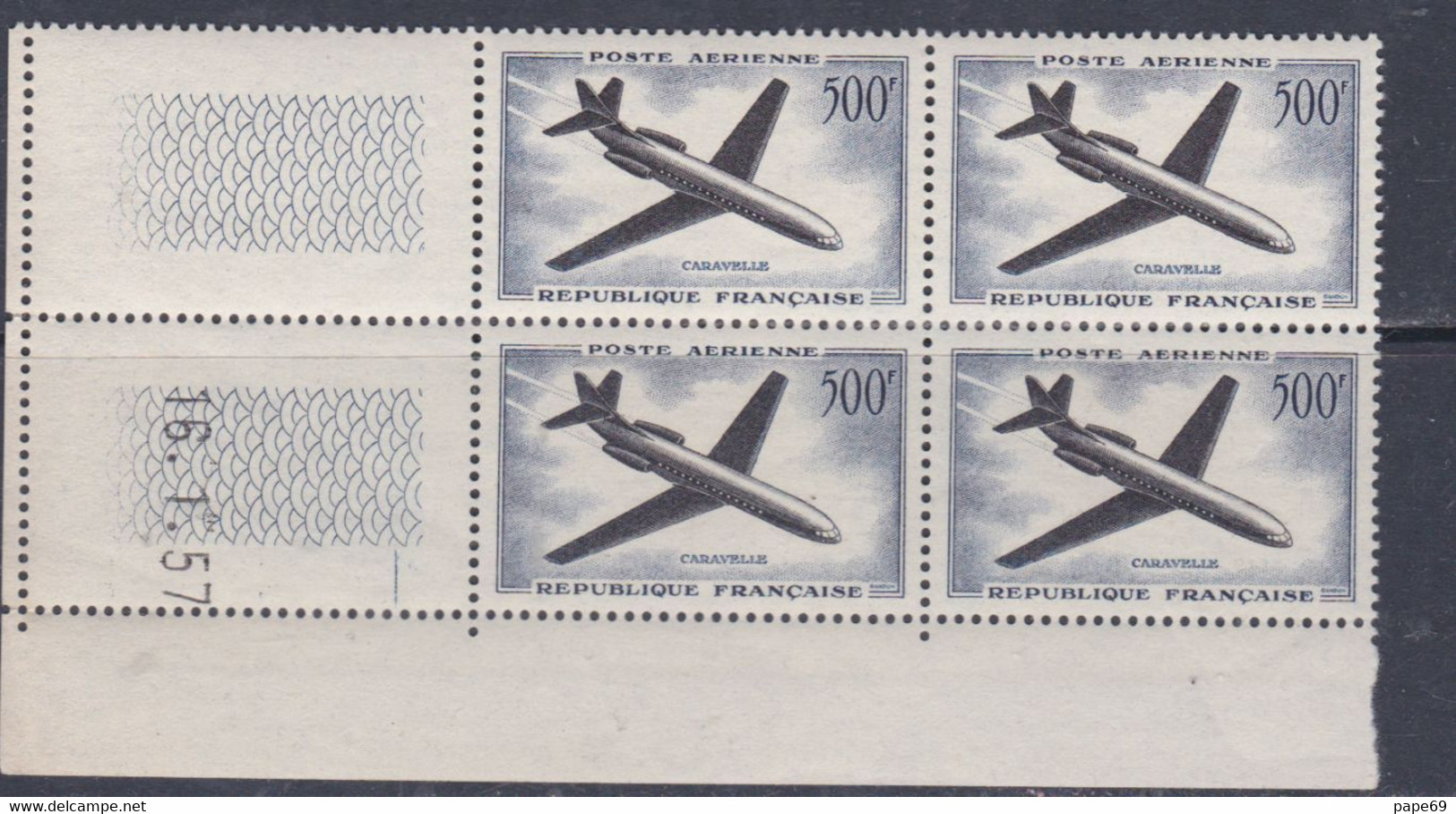 France P.A. N° 36 XX Prototypes :"Caravelle" En Bloc De 4 Coin Daté Du 16 . 1 . 57,  1  Trait, Sans Charnière, TB - Luftpost