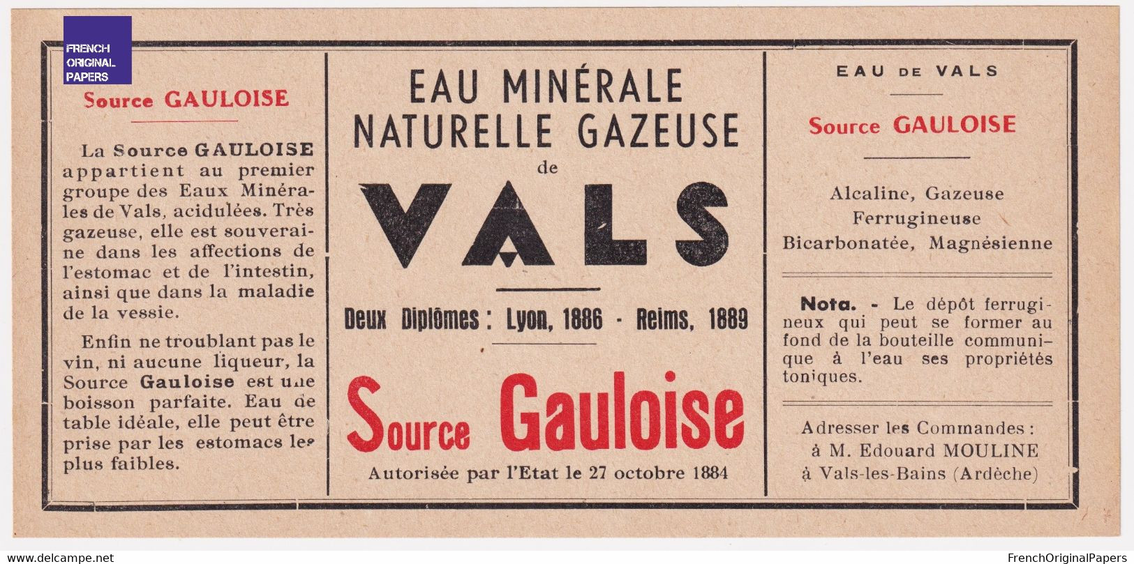 TBE - Jolie Publicité 18,5x8,8cm Eau Minérale Naturelle Gazeuse De Vals - Source Gauloise Les Bains Alcaline C4-56 - Publicités