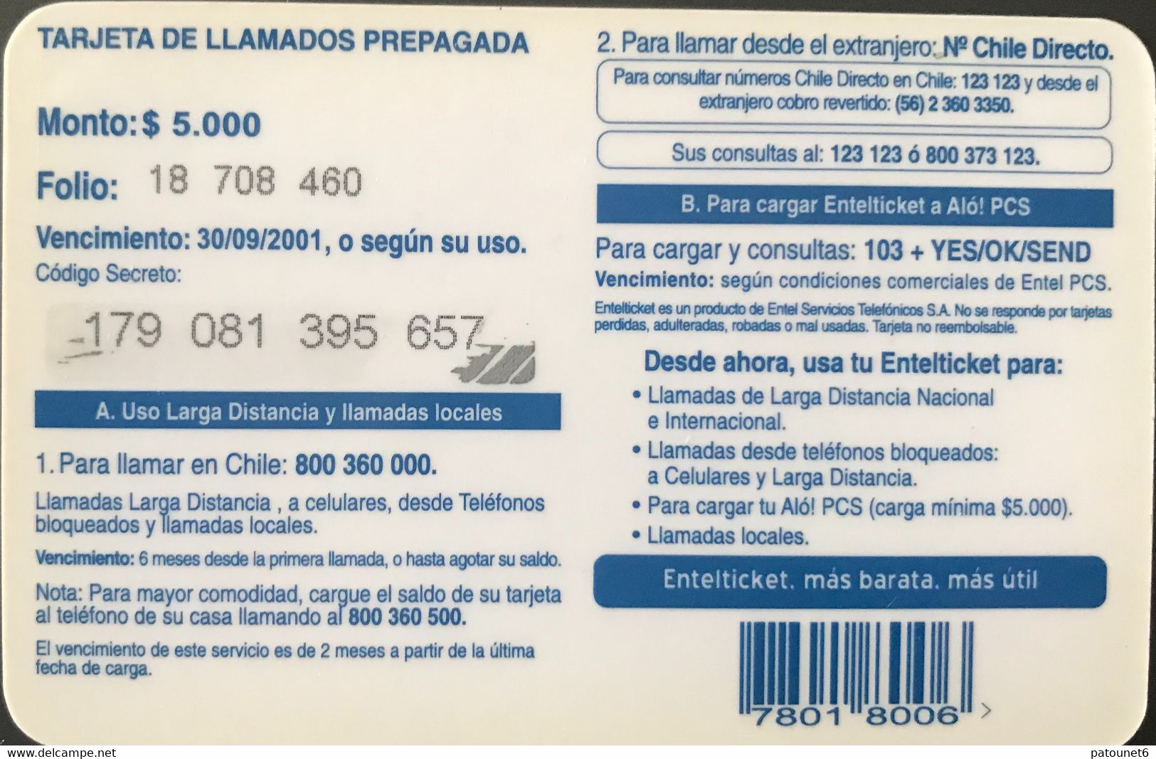 CHILI  -  Prepaid  -  ENTEL  - Ticket  -  $ 5.000 - Chili