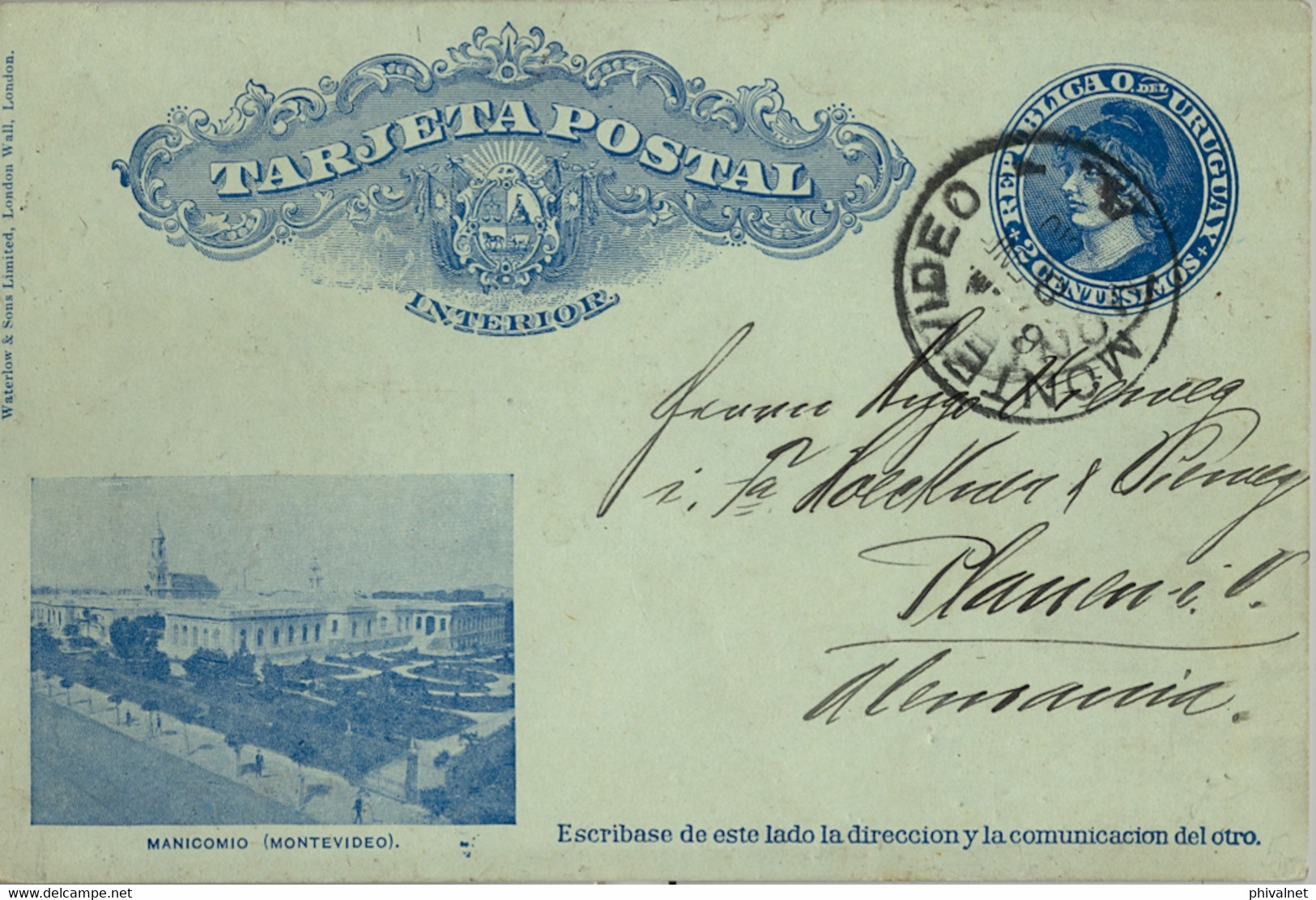 1905 URUGUAY , TARJETA ENTERO POSTAL CIRCULADA , MONTEVIDEO - PLAUEN , MANICOMIO . - Uruguay