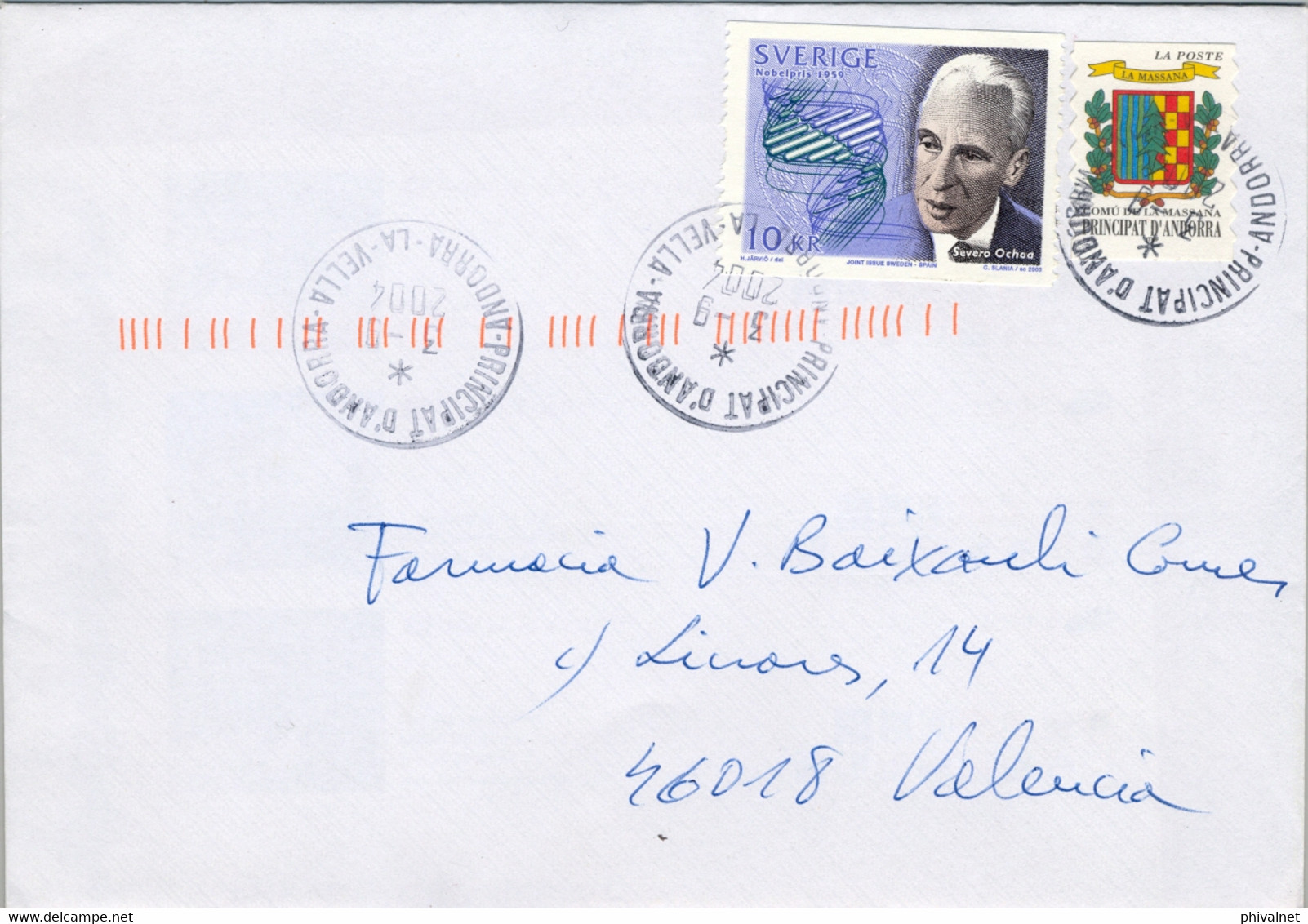 2004 ANDORRA , CORREO FRANCÉS , SOBRE CIRCULADO CON SELLO SUECO , PREMIOS NOBEL , SEVERO OCHOA  , ESCUDO DE LA MASSANA - Storia Postale