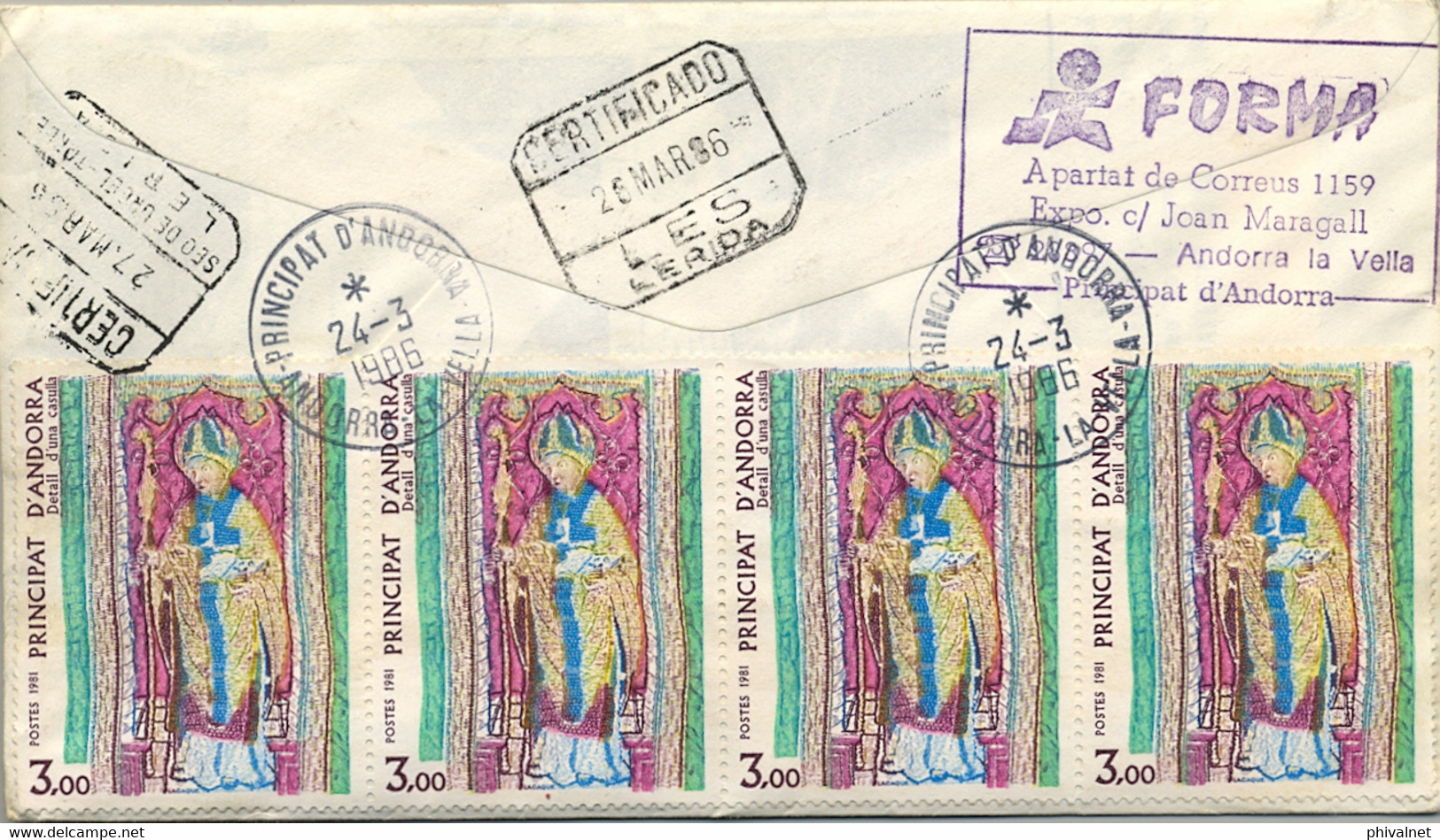 1986 ANDORRA , CORREO FRANCÉS , CERTIFICADO ANDORRA LA VELLA - SEU D' URGELL , MUSEO POSTAL , PRIMER DIA - Storia Postale