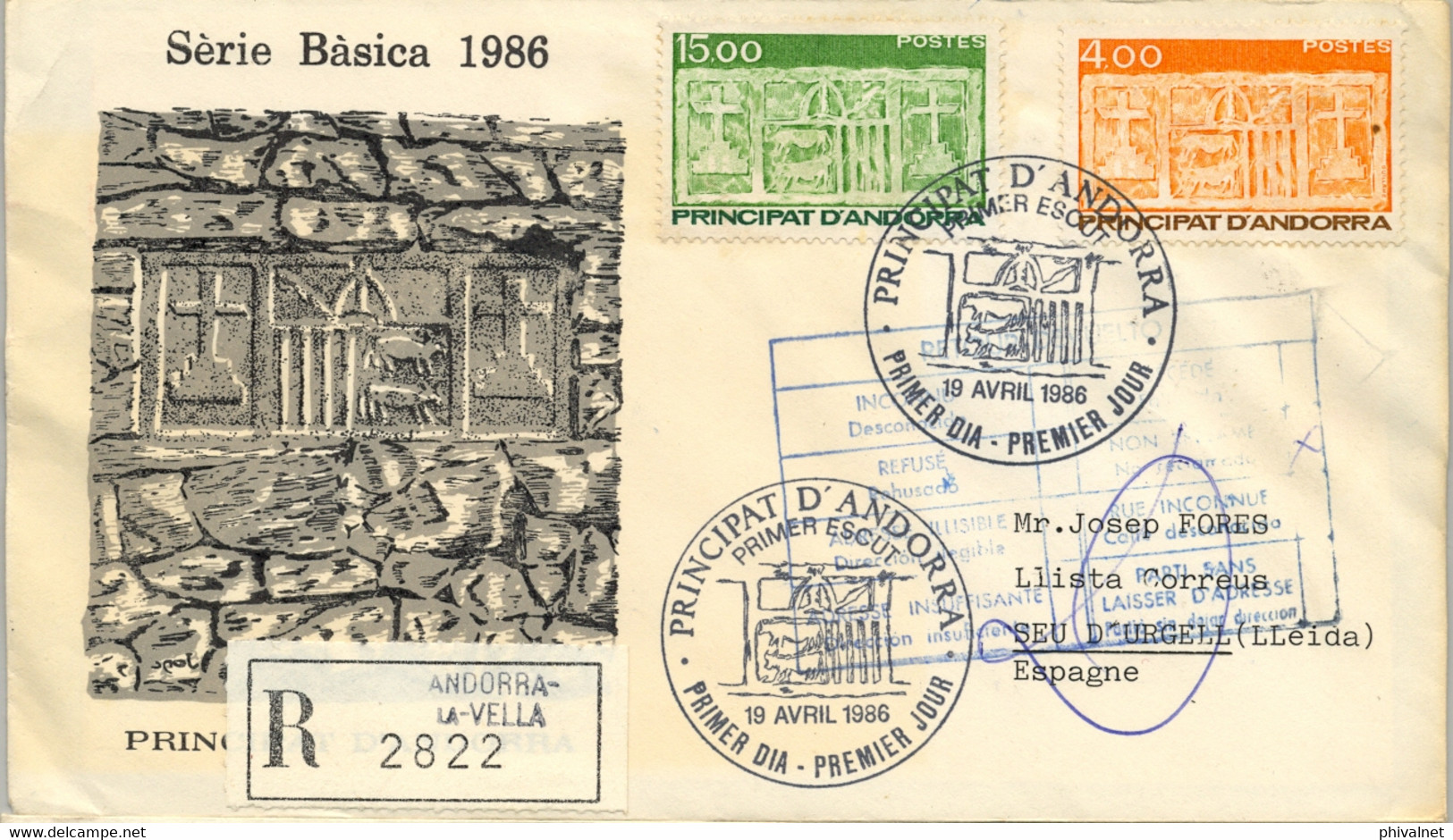 1986 ANDORRA , CORREO FRANCÉS , CERTIFICADO ANDORRA LA VELLA - SEU D' URGELL , DEVUELTO AL REMITENTE , PRIMER DIA - Briefe U. Dokumente