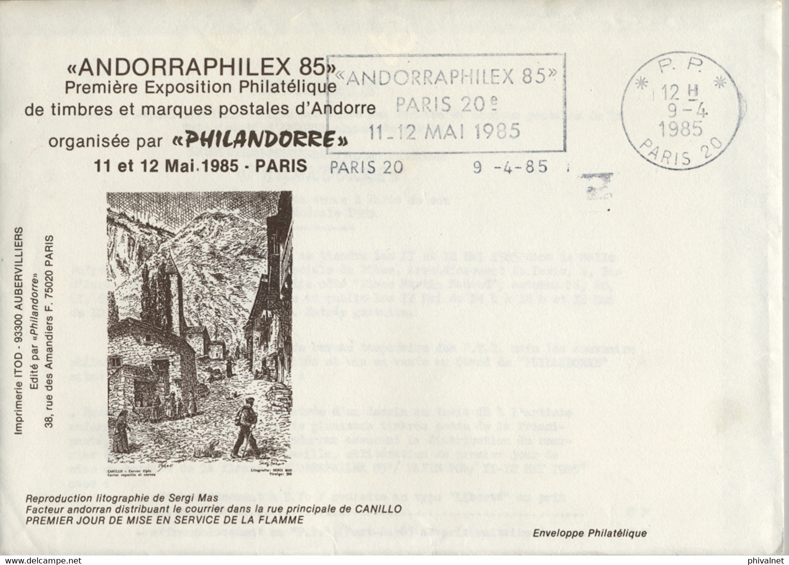 1985 ANDORRA , SOBRE CON MAT. CONMEMORATIVO , " ANDORRAPHILEX 85 " EXPOSICIÓN FILATÉLICA EN PARIS - Briefe U. Dokumente