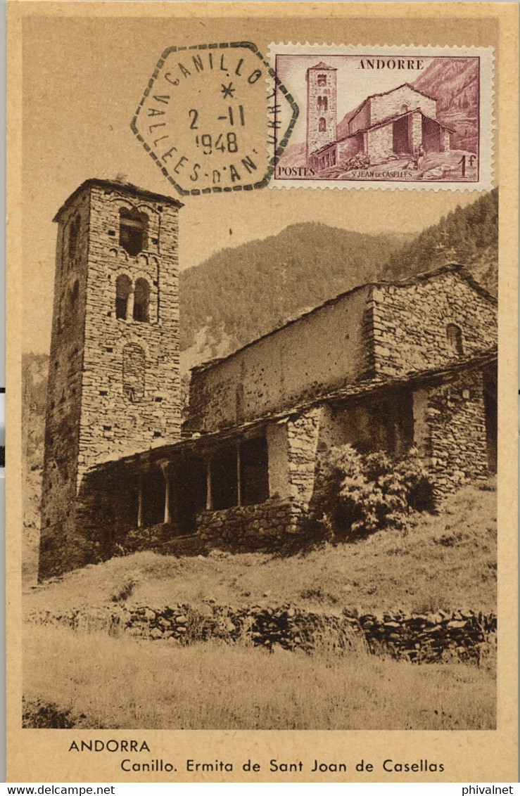 1948 ANDORRA , T.P. NO CIRCULADA , VALLS D' ANDORRA - CANILLO , ERMITA DE SANT JOAN DE CASELLES - Covers & Documents