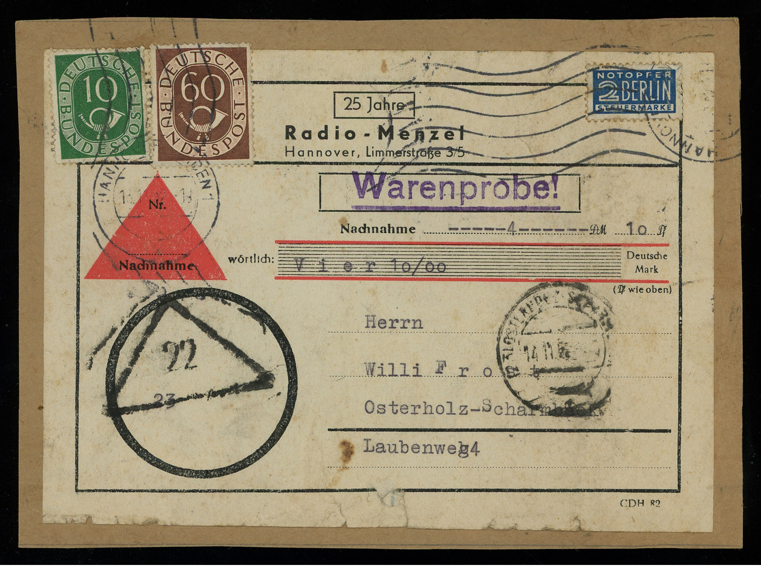 TREASURE HUNT [01623] West Germany 1952 C-o-d Parcel Label Sent Within Osterholz With 10 Pf Green+60 Pf Brown, NOTOPFER - Cartas & Documentos