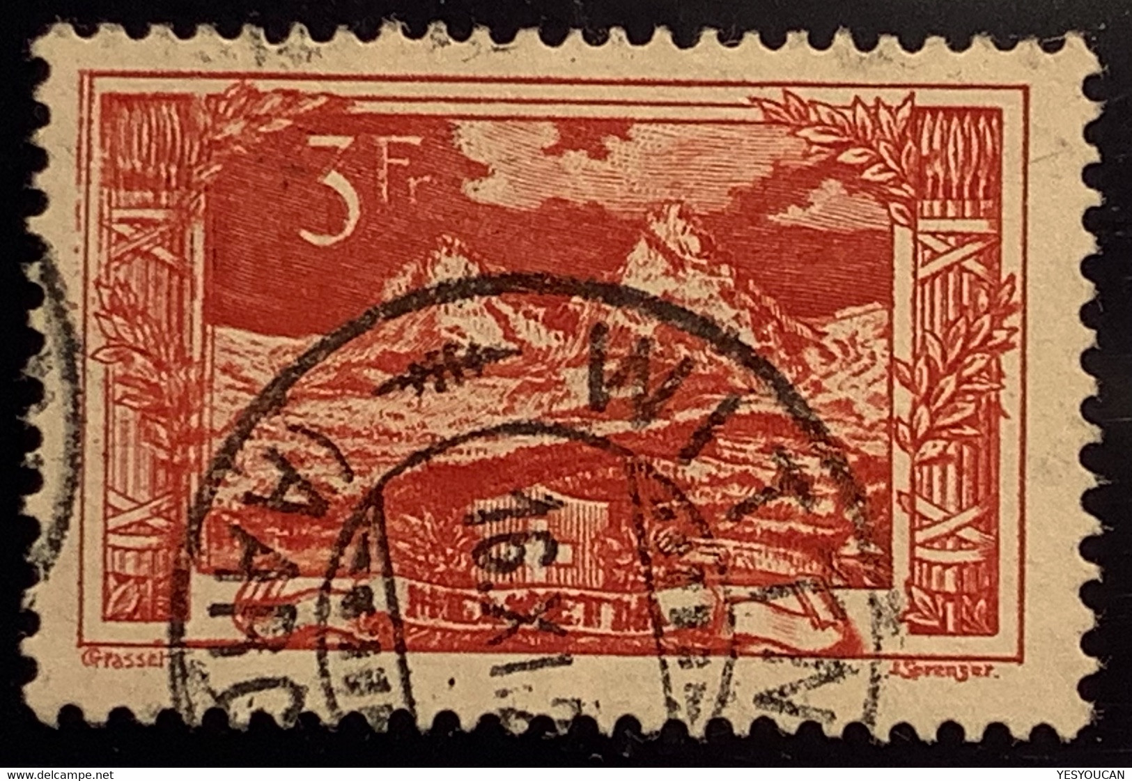 RRR ! Schweiz 142 ABART DOPPELTDRUCK 1918 3 Fr Rot Mythen WITTNAU Attest(variety Mountains Montagne Cert Suisse Variété - Used Stamps