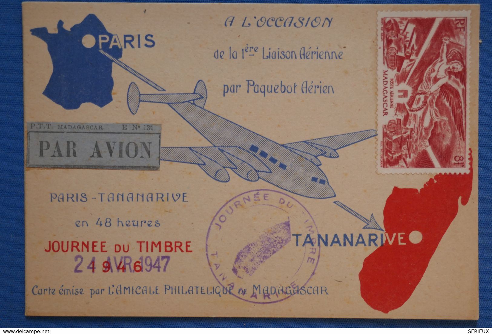 AA8 MADAGASCAR  BELLE CARTE  1947 AEROPHILATELIE  PARIS  POUR  TANANARIVE+ TP NEUF + AFFRANCH. PLAISANT - Aéreo