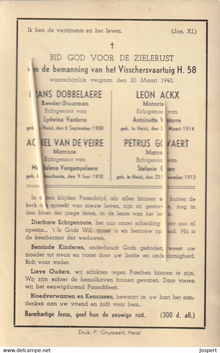 Verongelukt Op Zee : Oorlogsslachtoffers : 1940, Frans Dobbelaere, Ackx, Govaert, Van De Veire, Heist, Bouchoute, - Images Religieuses