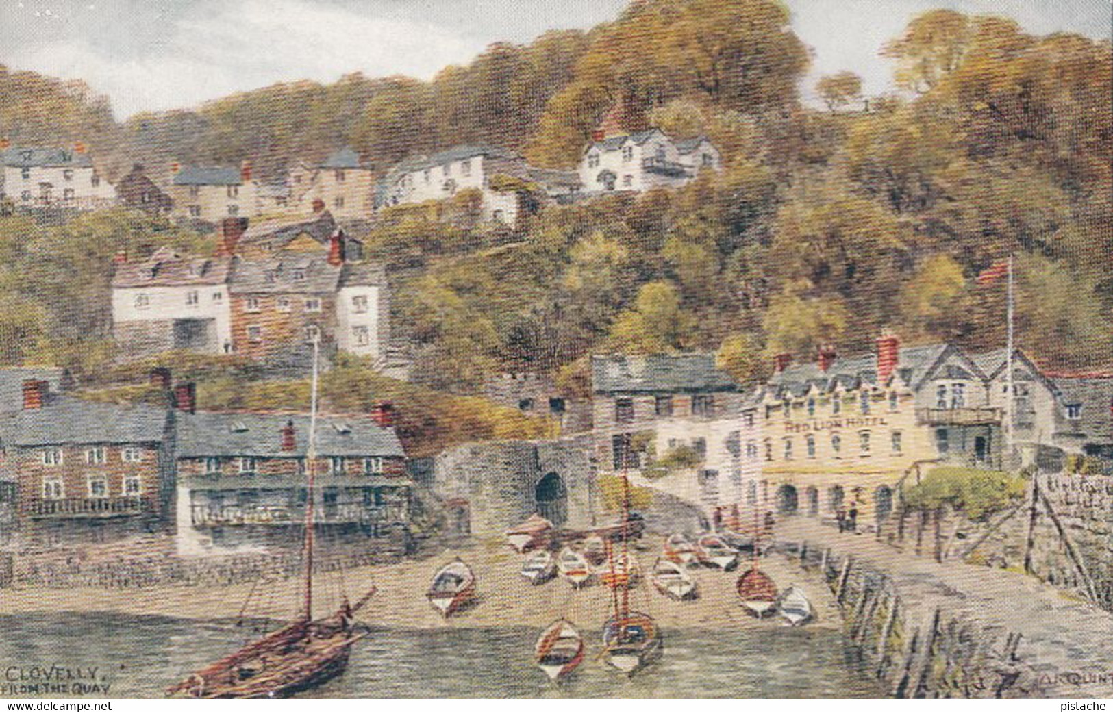 673 – England Devon UK – Clovelly From The Quay – Salmon Series Art – Painting By Quinton – Ex. Condition – 2 Scans - Clovelly