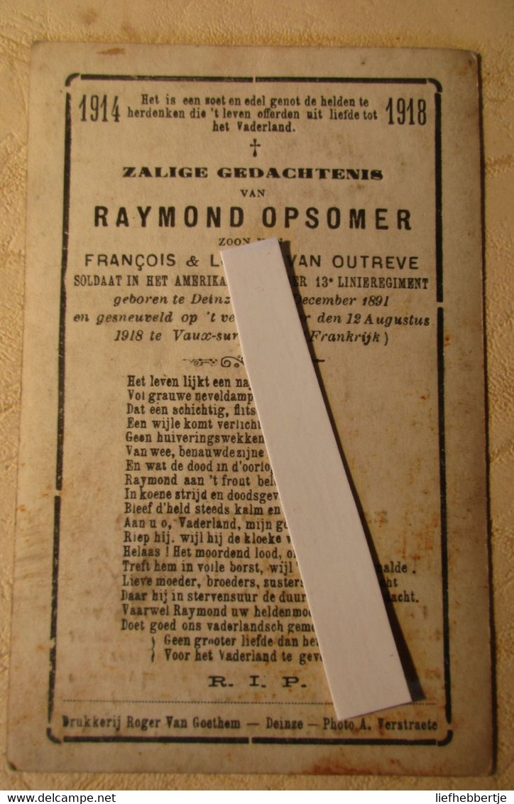 Oorlog Guerre Soldaat Opsomer Raymond - ° Deinze - In Amerikaans Leger - Gesneuveld In Frankrijk Vaux-sur-Somme 1918 - Imágenes Religiosas