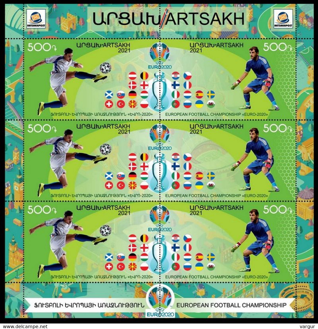 ARMENIA KARABAKH ARTSAKH 2021-06 Soccer Flags: EURO-2020. MINI-SHEET PERFORATED, MNH - Europei Di Calcio (UEFA)