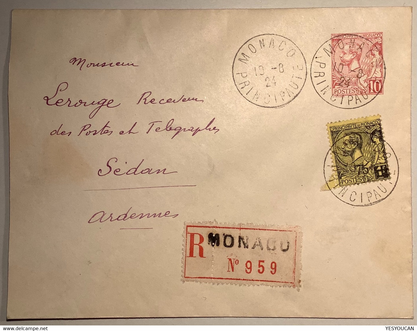 1924 AFFRANCHISSEMENT RARE Yv 71 (période Louis II) Sur Entier Postal 10c Albert 1er Recommandé Monaco>Sédan (lettre - Storia Postale