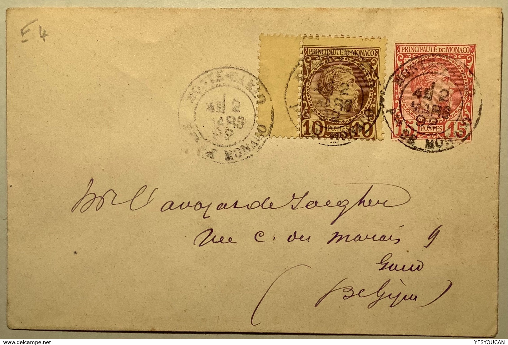 1892 AFFRANCHISSEMENT RARE Yv 4 (1885) Avec INTERPANNEAUX Sur Entier Postal 15c Charles III Monaco>Gand (lettre Cover - Lettres & Documents