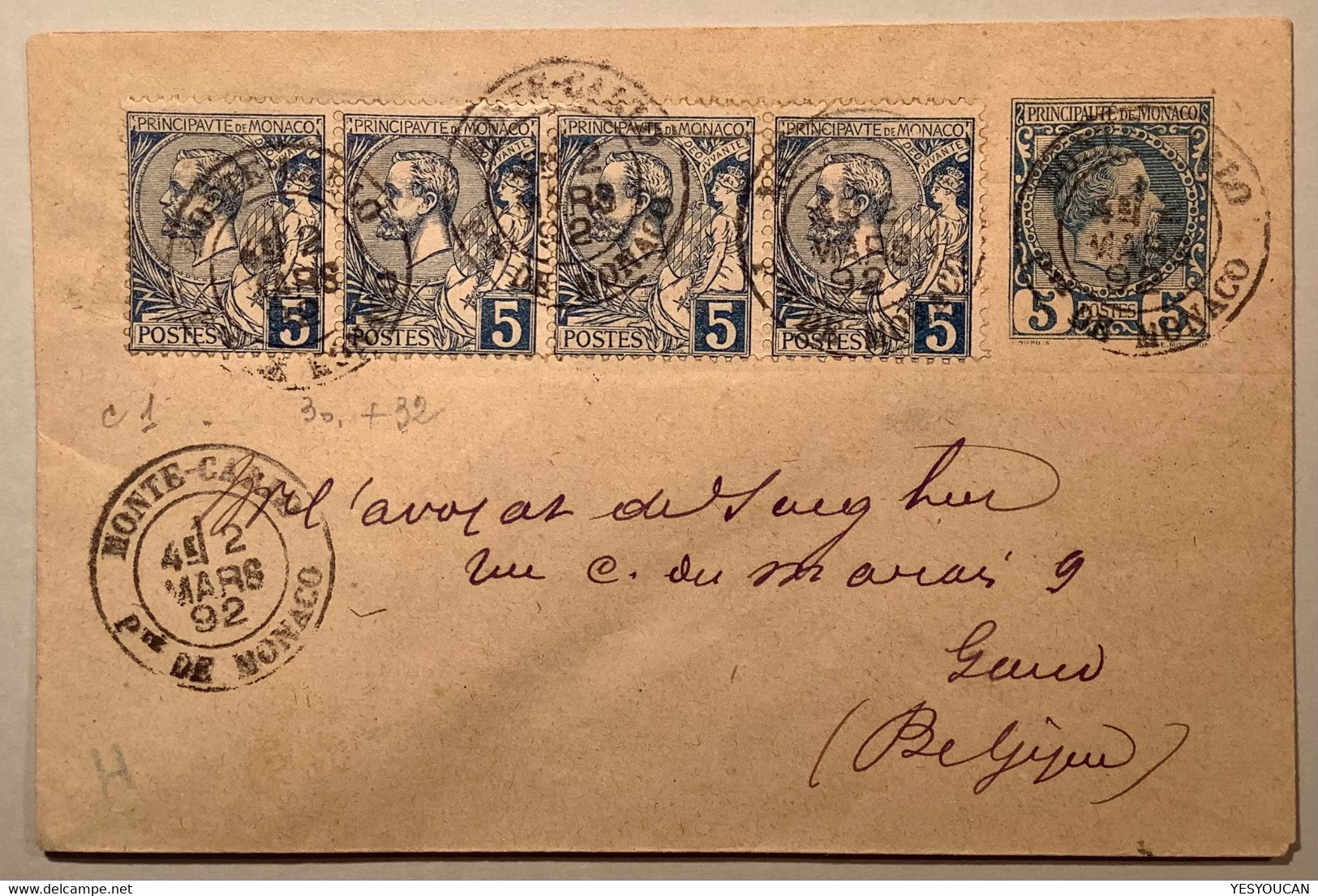 1892 AFFRANCHISSEMENT RARE Yv 13 (1891 Albert 1er) Sur Entier Postal 5c Charles III (1885) Monaco>Gand (lettre Cover - Briefe U. Dokumente