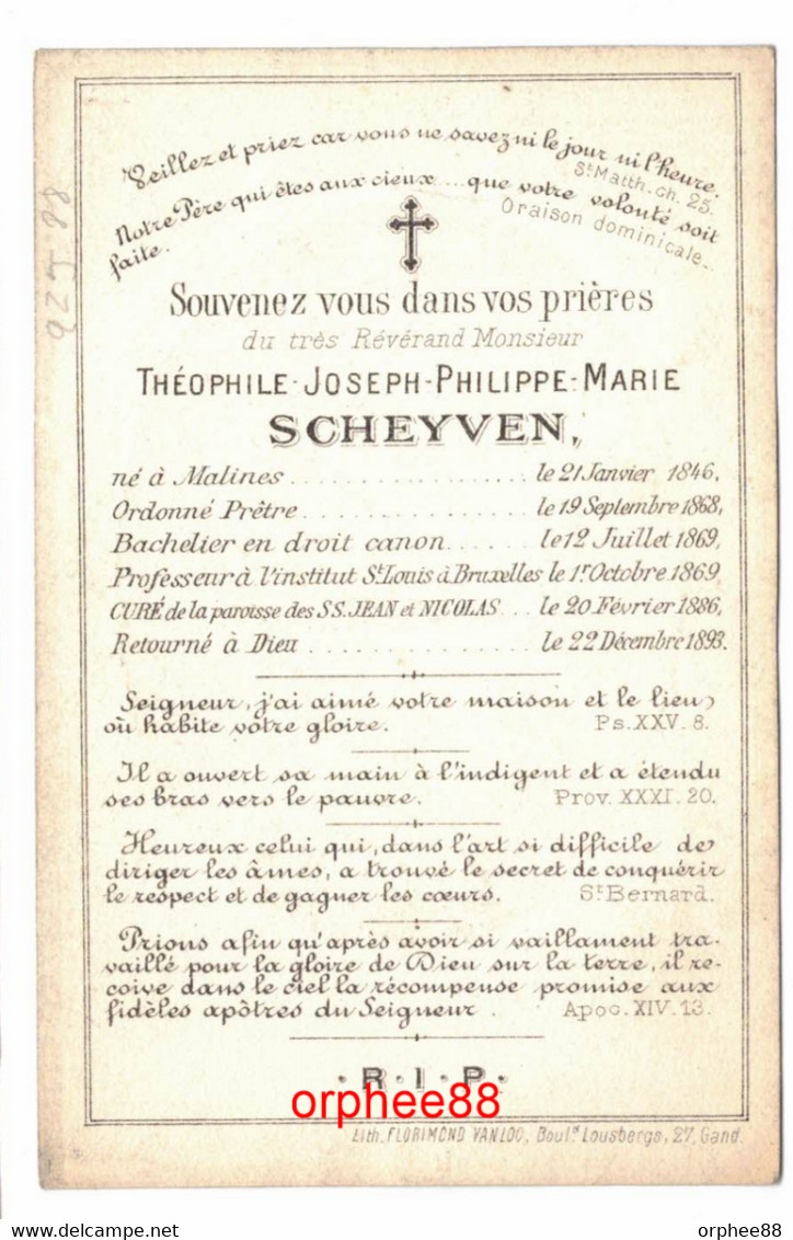 Scheyven Théophile Mechelen 1846- Priester, Leraar, Brussel 1893 (Florimond Van Loo) - Décès