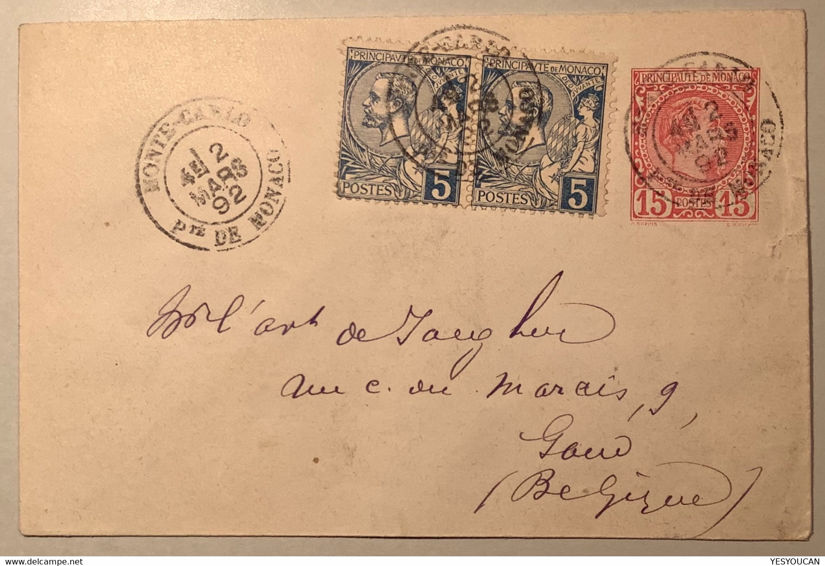 1892 AFFRANCHISSEMENT RARE Yv 13 (1891 Albert 1er) Sur Entier Postal 15c Charles III (1885) Monaco>Gand (lettre Cover - Covers & Documents