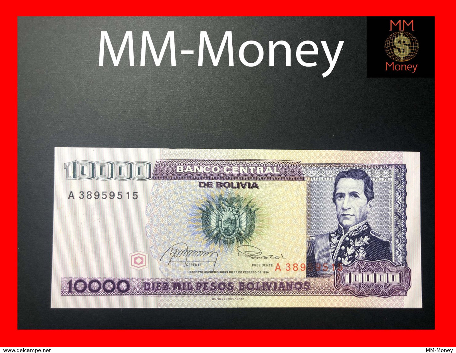 BOLIVIA 1 Centavo  Overprint On  10.000  10000 Pesos Bolivianos   D.S. 10.2.1984   P. 195    UNC - Bolivie