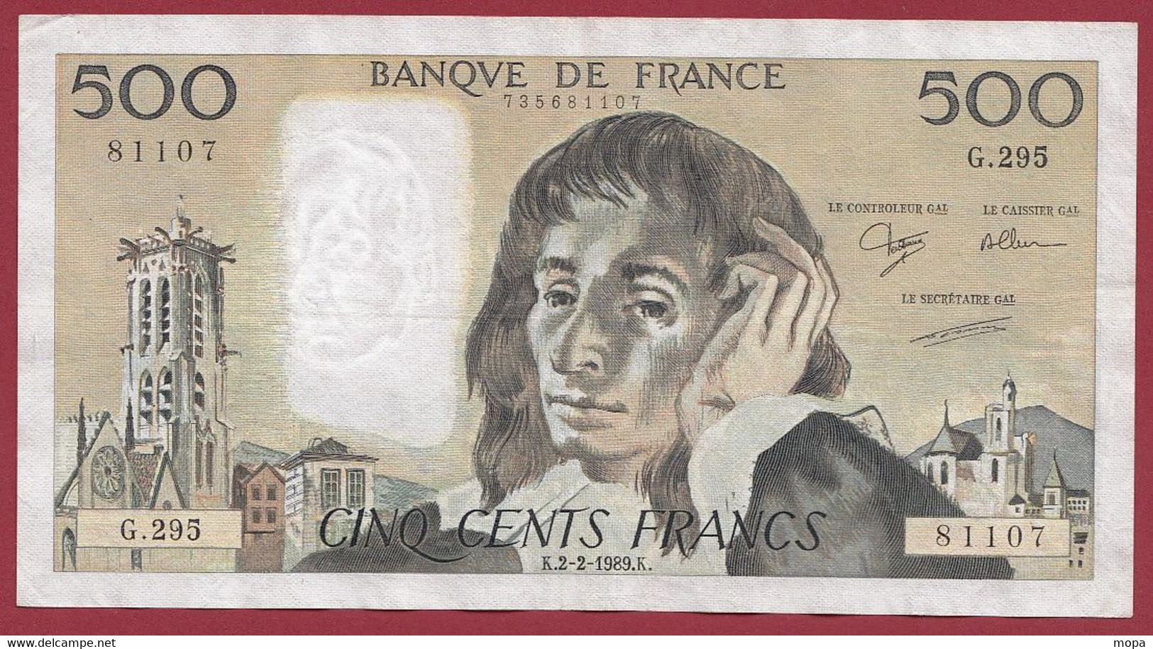 France 500 Francs "Pascal" Du 02/02/1989.K--ALPH.G.295 -- .dans L 'état (P.190) - 500 F 1968-1993 ''Pascal''