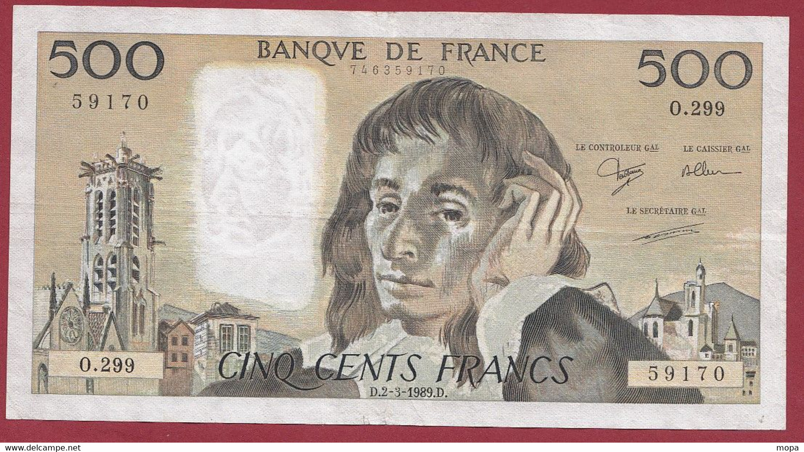 France 500 Francs "Pascal" Du 02/03/1989.D--ALPH.O.299 -- .dans L 'état (P.191) - 500 F 1968-1993 ''Pascal''
