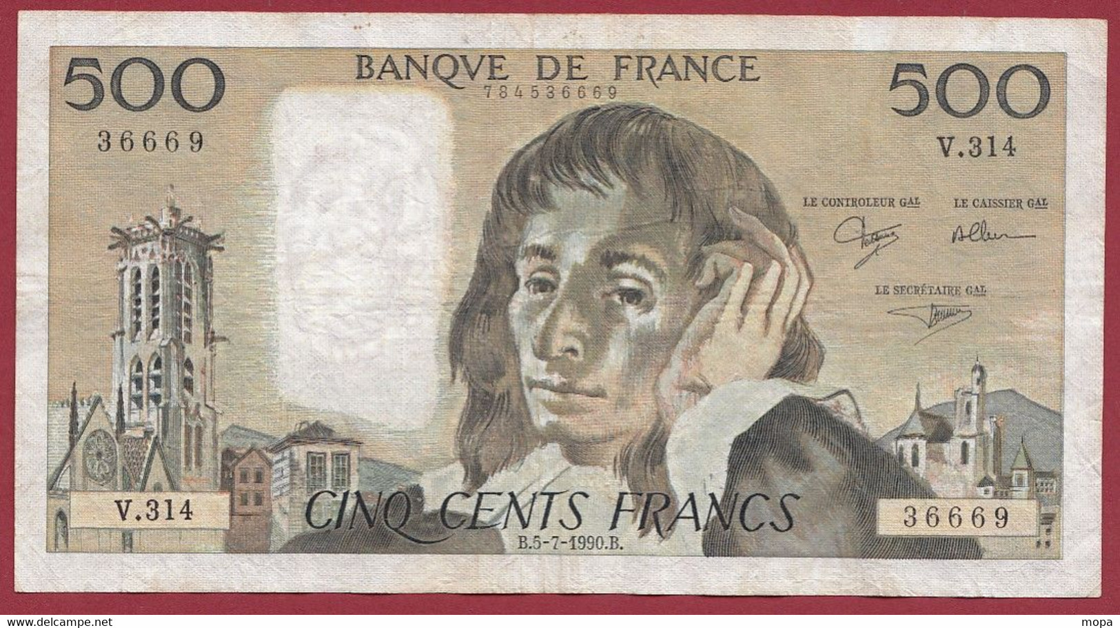 France 500 Francs "Pascal" Du 05/07/1990.B--ALPH.V.314 -- .dans L 'état (P.195) - 500 F 1968-1993 ''Pascal''