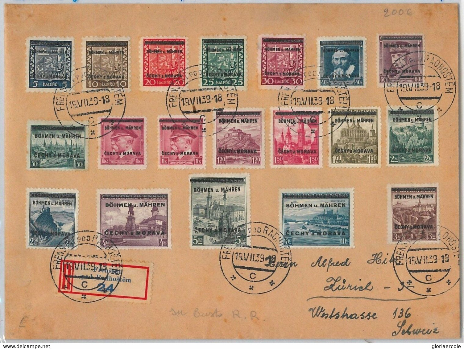 41966 - Czechoslovakia Bohemia And Moravia - POSTAL HISTORY - COMPLETE SET On COVER 1939 - Imperforates, Proofs & Errors